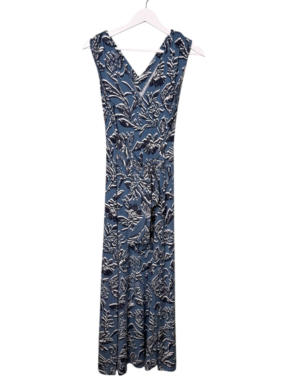 NWT Garnet Hill Floral Tie Waist Knit Maxi Dress Blue White V Neck Size Small